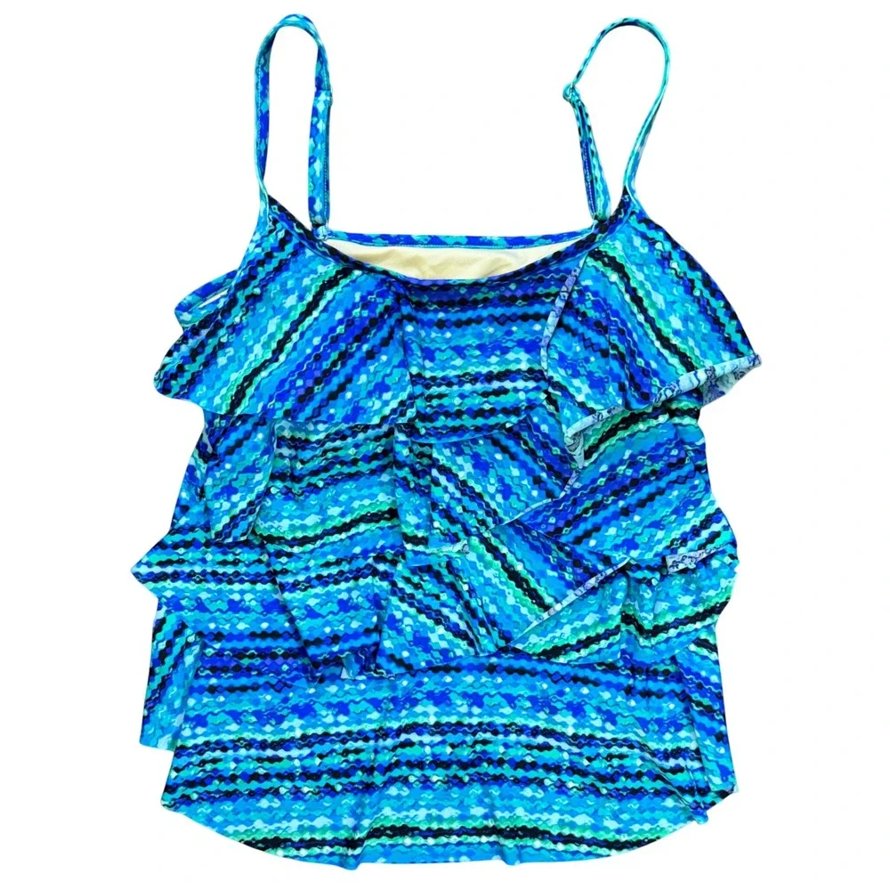 Miraclesuit Blue Geometric Tiered Ruffle Tankini Swim‎ Top Size 14 C6611777